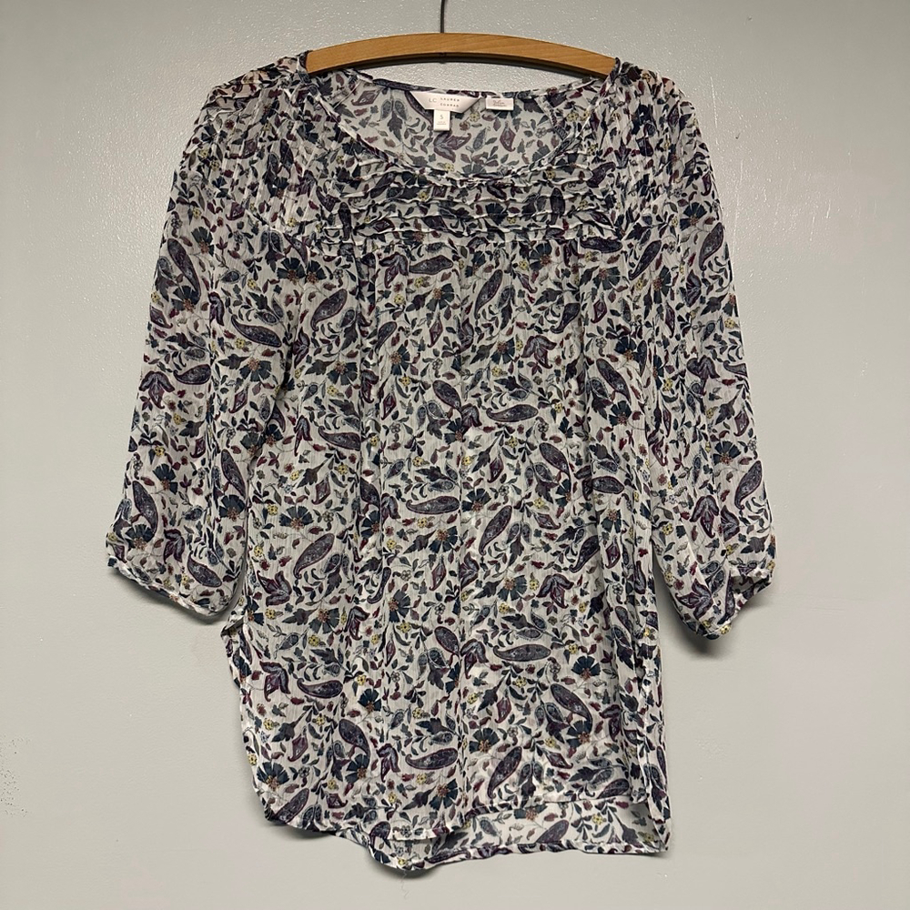 LC Lauren Conrad women's Small White Floral Blouse sheer gathered neck - Picture 9 of 9